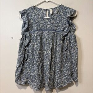 Gentle Fawn Blue Floral Ruffle Keyhole Neck Blouse Women's Size M Boho Fairy